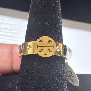 Tory Burch Gold and Silver Ring with Crystal Details